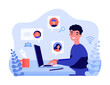 © Bro Vector - Happy man talking to friends or coworkers via laptop. Smiling employee or male character typing messages to people vector illustration. Online communication, connection, friendship, technology concept