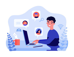 Wall Mural - happy man talking to friends or coworkers via laptop. smiling employee or male character typing mess