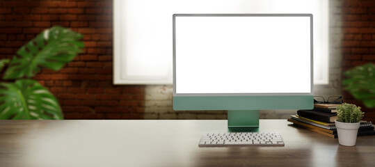 Wall Mural - laptop with blank screen on table. room with decorations and copy space computer with blank copy spa