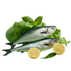 Wall Mural - Mackerel with vegetables and lemon in a separate space