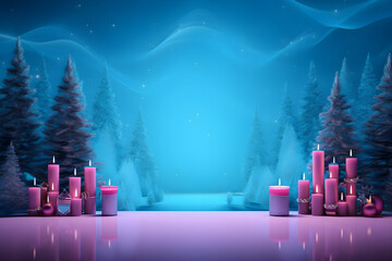 Wall Mural - christmas tree with candles and snowflakes decoration in winter forest landscape at night background, AI generate