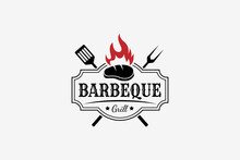 Barbeque Vintage Design Logo With Steak Meat And Grill Fire