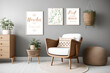 © indofootage - Stylish scandinavian newborn baby room boho style with armchair, brown wooden mock up poster frame
