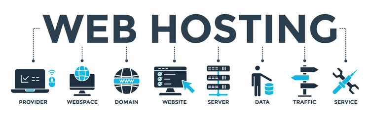 Web hosting banner web icon vector illustration concept with icon of provider, webspace, domain, website, server, data, traffic and service