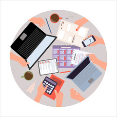 Top view of hands of students or colleagues working on project. Hands of coworkers with laptops, phone, calculator, calendar, to-do list vector illustration. Teamwork, brainstorming concept