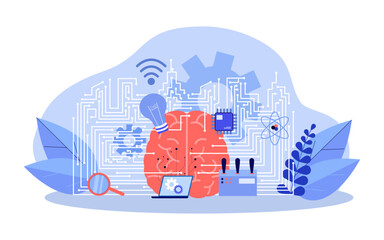 Innovative technology for AI development vector illustration. Cartoon drawing of AI brain with lightbulb, microchip, circuits. Innovation, technology, artificial intelligence, programming concept