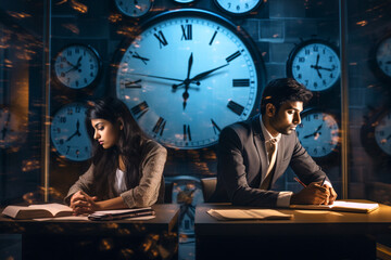 Indian business man and woman working at night in a modern office with a lot of work. They are busy and tired of working overtime at night.