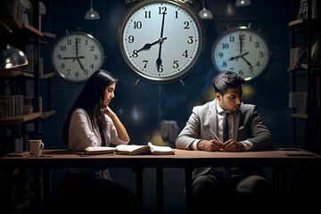  Business man and woman working at night in a modern office with a lot of work. They are busy and tired of working overtime at night.