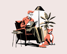  Retired Man Reading With His Pet Dog In A Cozy Living Room