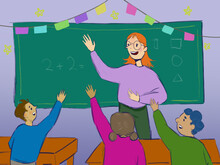 Illustration Of A Teacher Instructs A Diverse Group Of Children