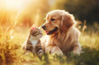 Cat and dog together in the field, friendship concept