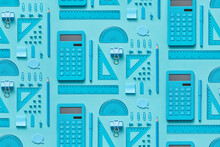 Pattern Of Various Blue-colored Office Supplies.