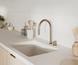 © Oleksandr Shcherban/Stocksy - Close up of kitchen sink with faucet, home kitchen interior, 3d render