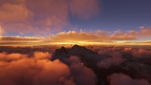 Flying Above The Clouds At Sunset On Mount Everest In Nepal. In The Himalayan Range