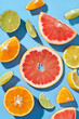 Pink grapefruit and other citrus fruit against blue background.