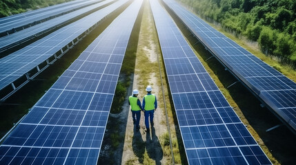 Wall Mural - Aerial view over two technician walking for inspecting operation efficiency of solar panel energy production field solar farm in countryside area with sunset. Made with generative AI	