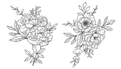 Poster - Peony  Line Art, Fine Line Peony Bouquets Hand Drawn Illustration. Coloring Page with Peony Flowers. 