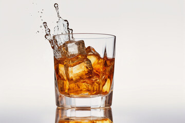 Wall Mural - Glass of whiskey with ice with splashes. White background. Splashes and drops of whiskey fly from the glass in different directions.