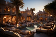 Desert Oasis Resort And Spa, Offering A Peaceful Retreat Amid Sand Dunes. Showcase Arabian-style Architecture, Luxurious Lounges, And Spa Treatments Inspired By Ancient Traditions.Generated With AI