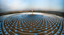 Solar Power Tower, Mirrors, EU - Green Energy Transition - Aerial Dusk
