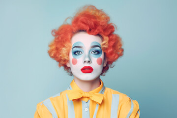 Woman dressed up with clown costume on pastel background