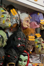 Display Wall Of Halloween Scary Faces Masks On Sale In Joke Shop