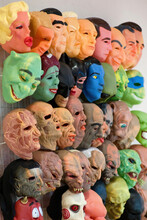 Display Wall Of Halloween Scary Faces Masks On Sale In Joke Shop