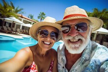 An Elderly Married Couple Takes A Selfie At The Resort