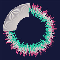 Wall Mural - radial white, turquoise and pink concentric particles isolated on dark blue background. infographic 