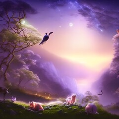 Canvas Print - Night Landscape with Fantasy Animals, Generative AI Illustration