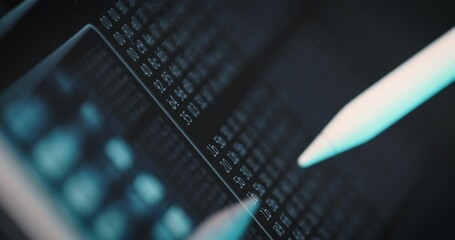 Wall Mural - close-up of user work on tablet screen program code with stylus. concept of digital work, programmin