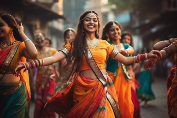 Wall Mural - Indian women dancing on the streets in traditional dresses