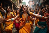 Indian women dancing on the streets in traditional dresses
