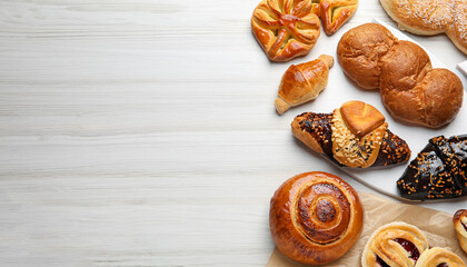 Different tasty freshly baked pastries on white wooden table, flat lay. Space for text