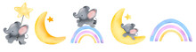 Cute Little Elephant Set, Elephant On A Star, Rainbow, On A Half Moon, Vector,  Watercolor. Colorful Postcard, Invitation On Transparent Background