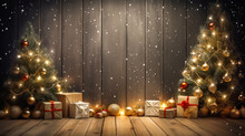 Christmas Trees And Heap Of Gift Boxes And Space For Text Over Wall. Christmas Background