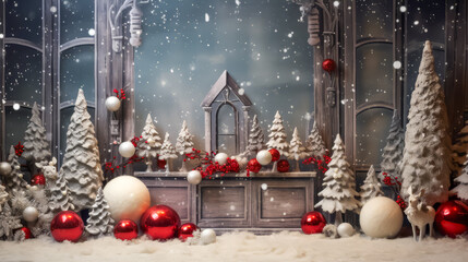 Wall Mural - Christmas trees with beautiful festive balls and space for text over wall. Christmas background