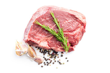 Canvas Print - Raw fillet steak beef meat, rosemary, garlic and pepper isolated on white background.