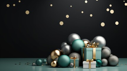 Poster - Christmas set decoration and ornament with gifts and balls on isolated green background. created with Generative AI technology