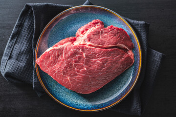 Canvas Print - Raw fillet steak beef meat on plate. Top view.