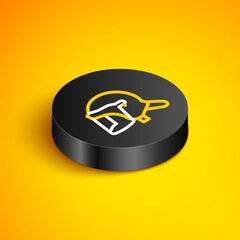 Poster - Isometric line Police helmet icon isolated on yellow background. Military helmet. Black circle button. Vector