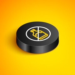 Isometric line No alcohol icon isolated on yellow background. Prohibiting alcohol beverages. Forbidden symbol with beer bottle glass. Black circle button. Vector