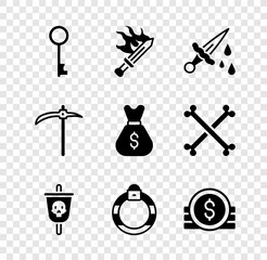 Canvas Print - Set Old key, Sword for game, with blood, Pirate flag, Magic stone ring, Ancient coin, Pickaxe and money bag icon. Vector