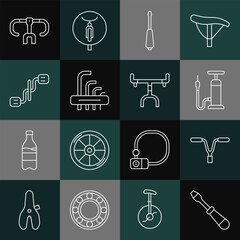 Sticker - Set line Screwdriver, Bicycle handlebar, air pump, Tool allen keys, pedals, and icon. Vector