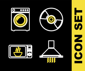 Sticker - Set line CD or DVD disk, Kitchen extractor fan, Microwave oven and Washer icon. Vector