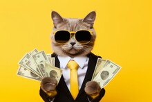 Cool Rich Successful Hipster Cat With Sunglasses And Cash Money. Yellow Background
