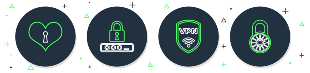 Poster - Set line Password protection, Shield with VPN wireless, Heart keyhole and Safe combination lock wheel icon. Vector