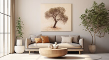 Retro Room With Couch, Coffee Table, Floor Lamp, Olive Tree And Mock Up Picture