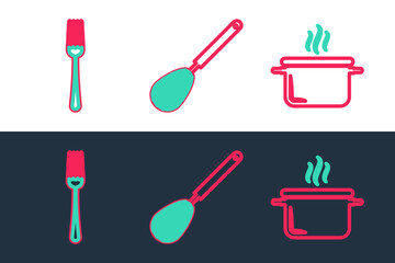 Poster - Set line Cooking pot, Fork and Kitchen whisk icon. Vector