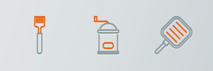 Sticker - Set line Frying pan, Fork and Manual coffee grinder icon. Vector